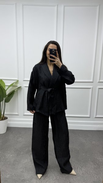 Kadın İnce Şal Yaka Kemerli Kimono Pantolon Takım