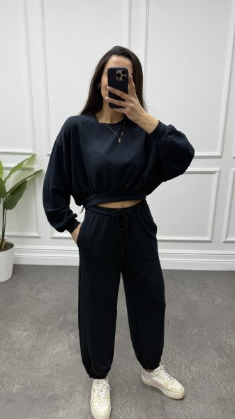 Kadın Modal Crop Sweat Paça Lastikli Eşofman Takım