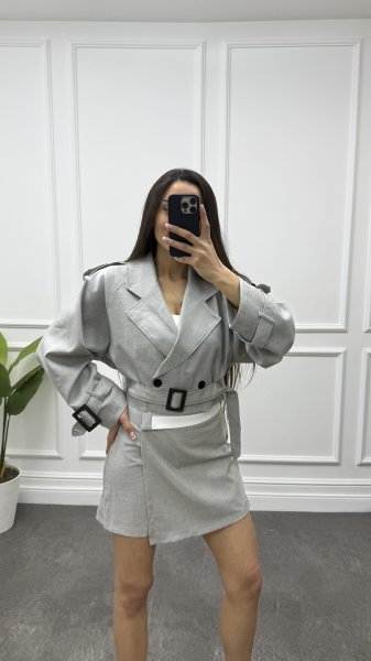 Kadın Kemerli Reglan Crop Ceket