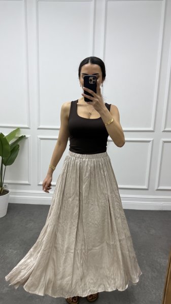 Kadın Kırışık Beli Lastikli Saten Etek