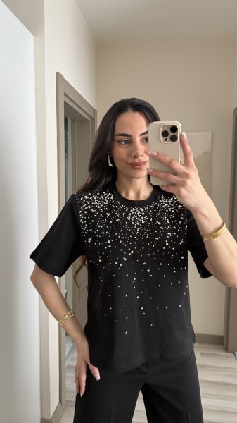 Kadın Önü Taş Çakımlı Tişört