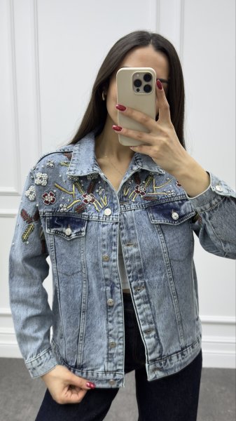 Kadın Kar Yıkama Nakış İşlemeli Kot Ceket