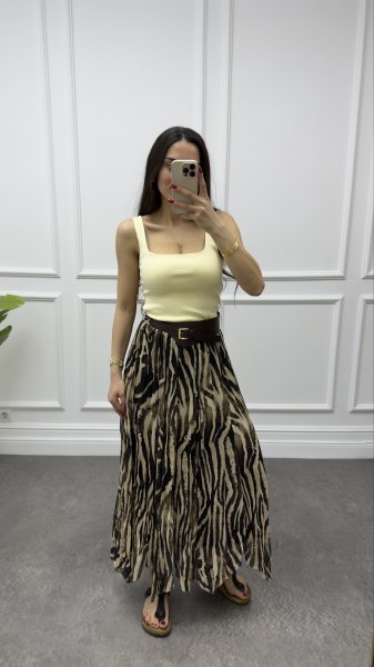 Kadın İçi Astarlı Zebra Desen Kemerli Şifon Etek