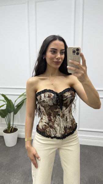 Kadın Uzun Etnik Desen Önden Agraflı Korse