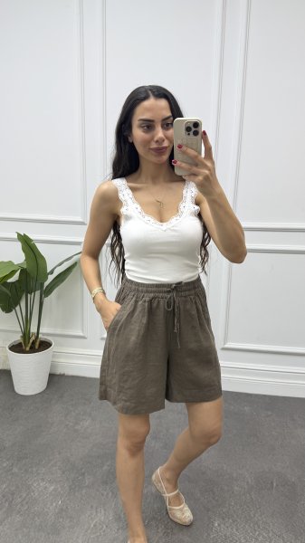 Kadın Beli Lastikli Bağcıklı Keten Şort