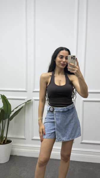 Kadın Tokalı Mini Kot Şort Etek
