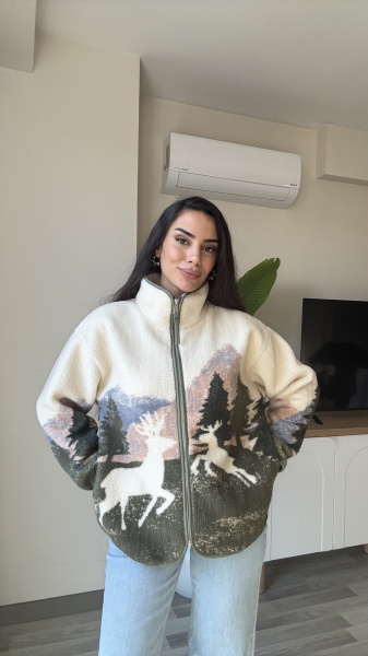 Kadın Geyik Ağaç Desenli Peluş Polar